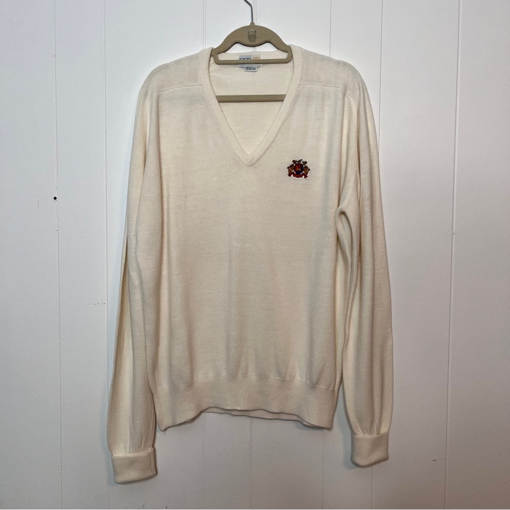 Vintage Izod Preppy Cream Sweater V-neck Chest Logo Men’s Large Academia Classic